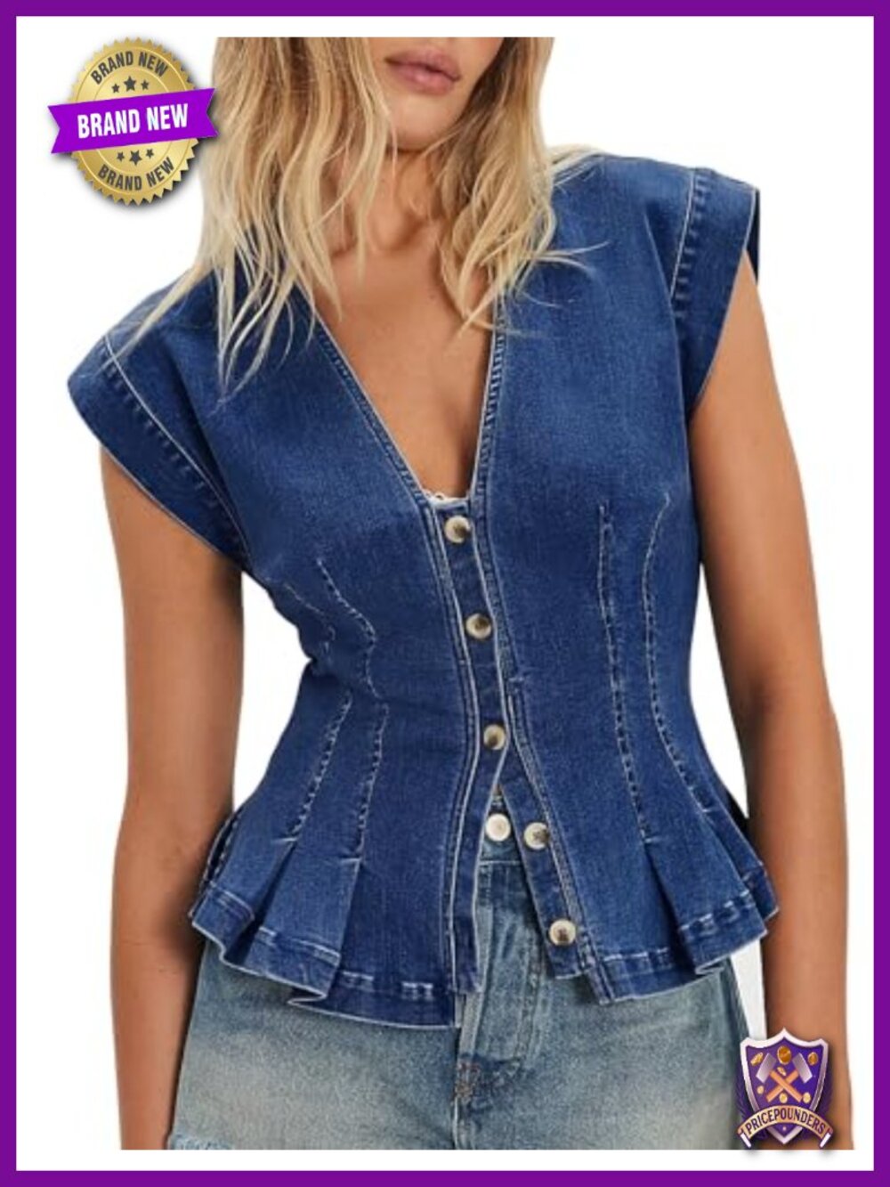 Pleated Button Down Denim Vest Cap Sleeve V-Neck Fitted Cotton Blend Top